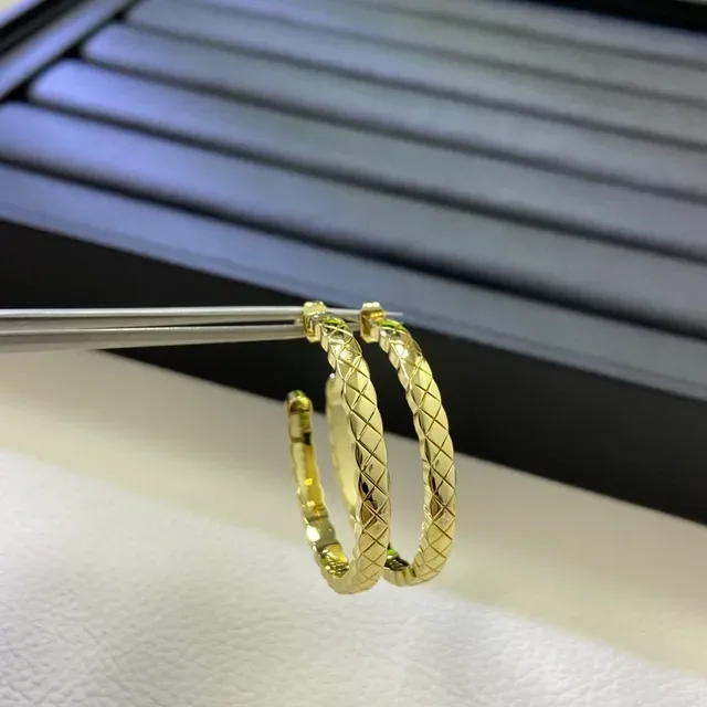 Silver Gold Quilted Diamond-Pattern Surface Hinged Hoop Design Earrings 6