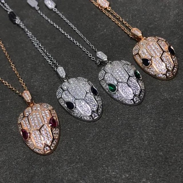 Silver Gold Snake-Head Pendant Pavé-Set Clear Stones Necklace 2