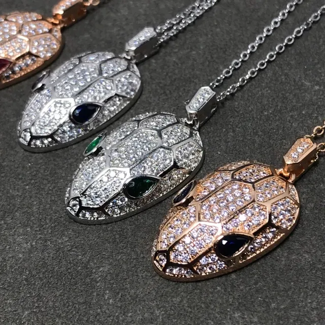 Silver Gold Snake-Head Pendant Pavé-Set Clear Stones Necklace 4