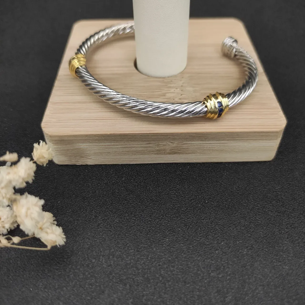 Silver Gold Twisted Cable Wire Center Bracelet 4