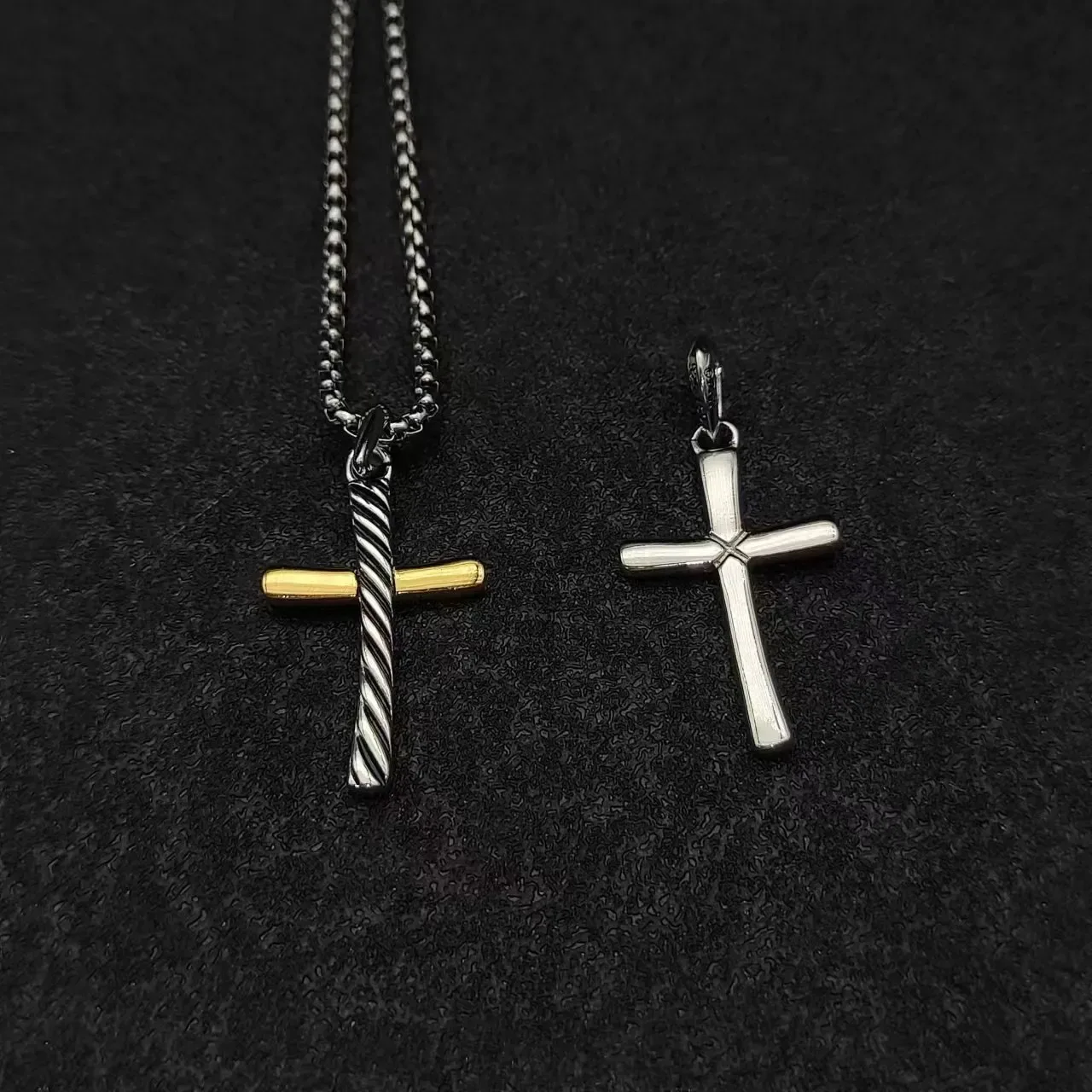 Silver Gold Two-Tone Metal Twisted Vertical Bar Cross Necklace 2