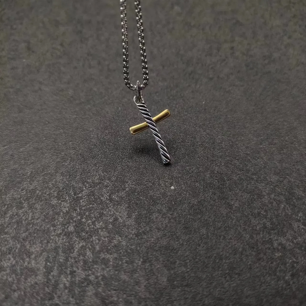 Silver Gold Two-Tone Metal Twisted Vertical Bar Cross Necklace 3