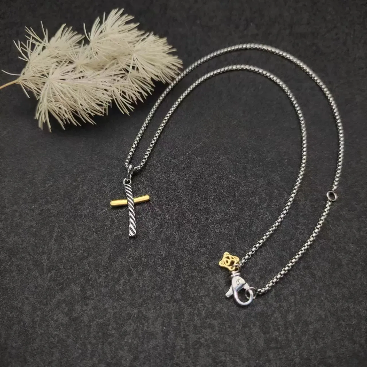 Silver Gold Two-Tone Metal Twisted Vertical Bar Cross Necklace 5