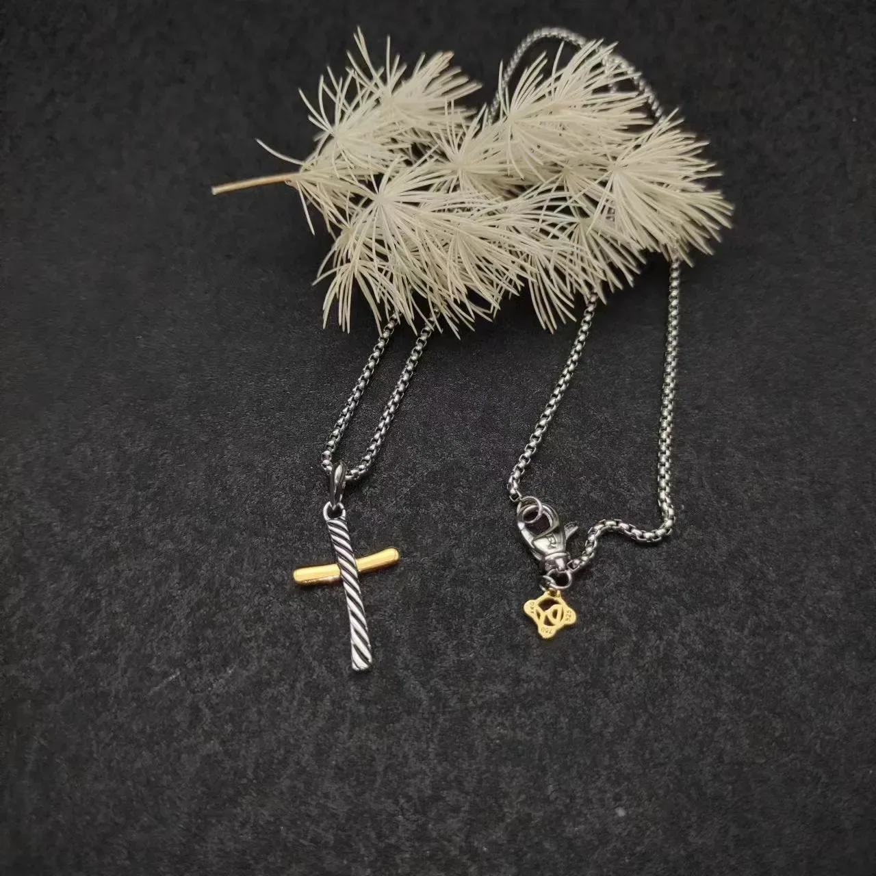 Silver Gold Two-Tone Metal Twisted Vertical Bar Cross Necklace 6