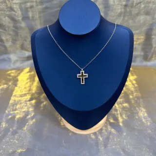 Silver Green Cross-Shaped Pendant Pavé-Set Clear Stones Necklace