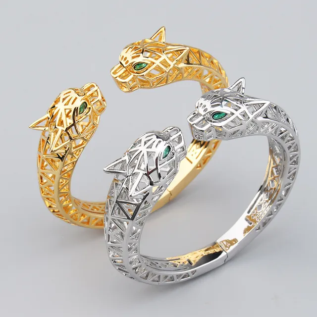 Silver Green Geometric Openwork Panther Head Motif Bracelet 7