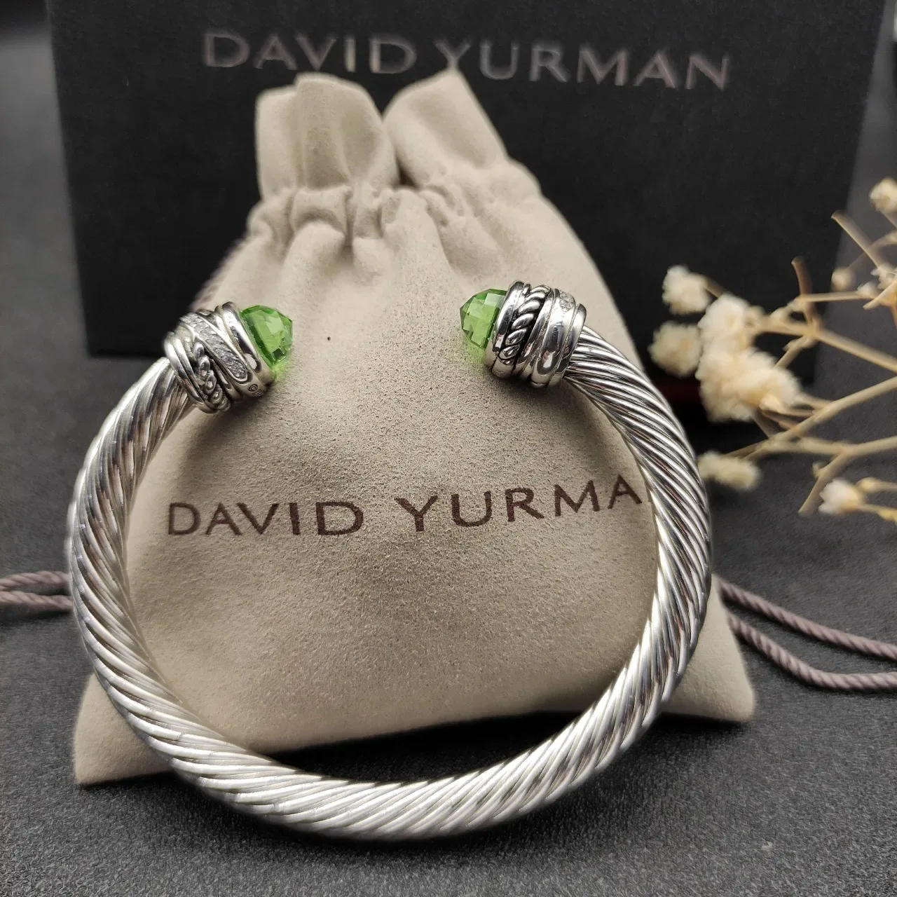 Silver Green Twisted Cable Construction Faceted Gemstone Terminals Bracelet 3
