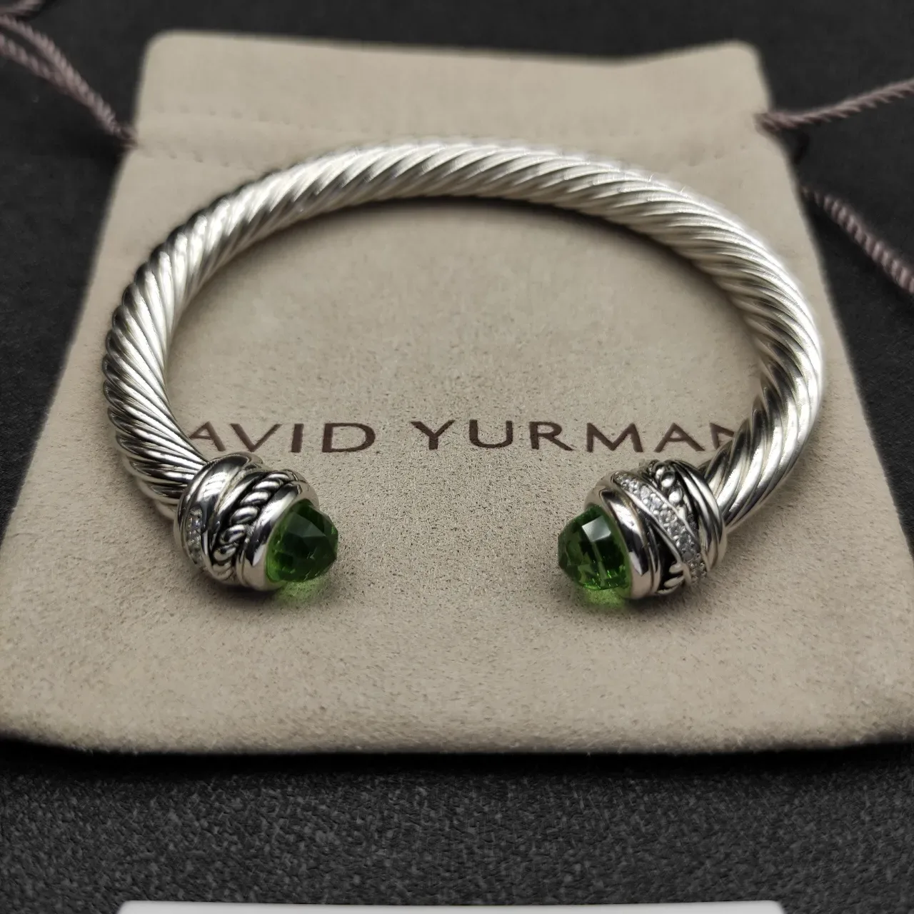 Silver Green Twisted Cable Construction Faceted Gemstone Terminals Bracelet 5