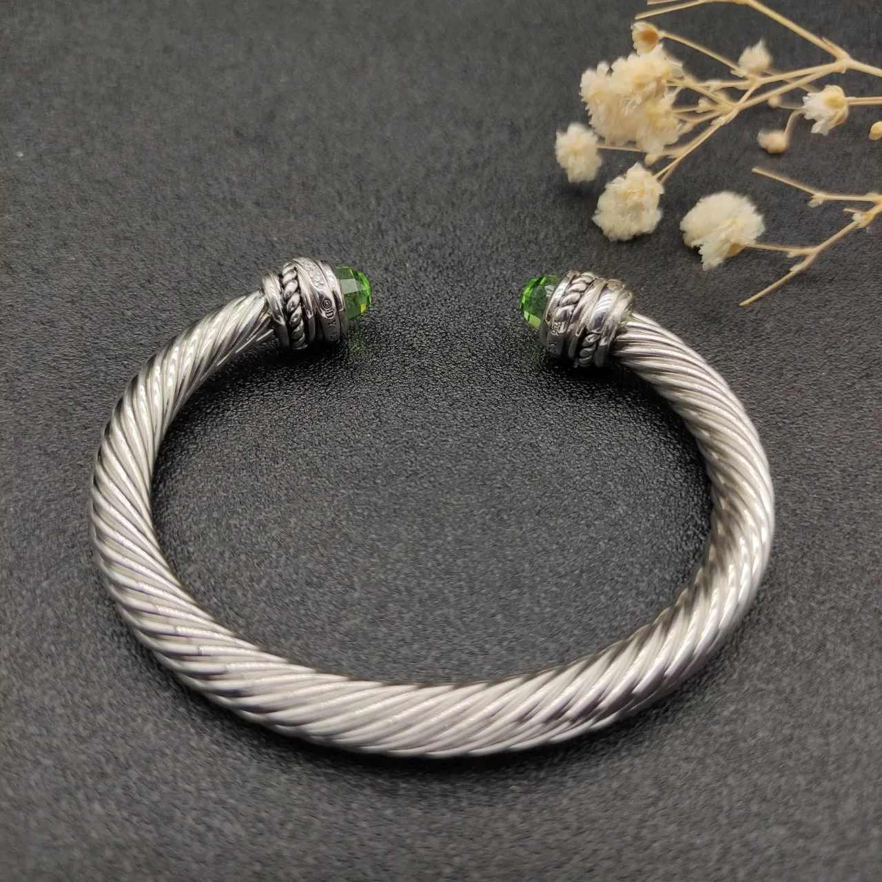 Silver Green Twisted Cable Construction Faceted Gemstone Terminals Bracelet 6