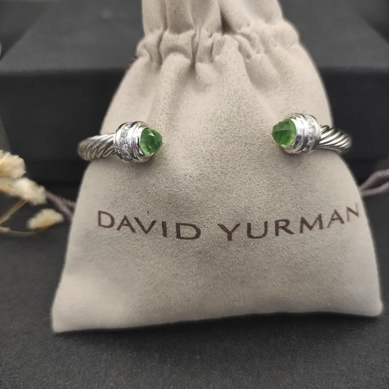 Silver Green Twisted Cable Faceted Gemstone Ends Bracelet 3