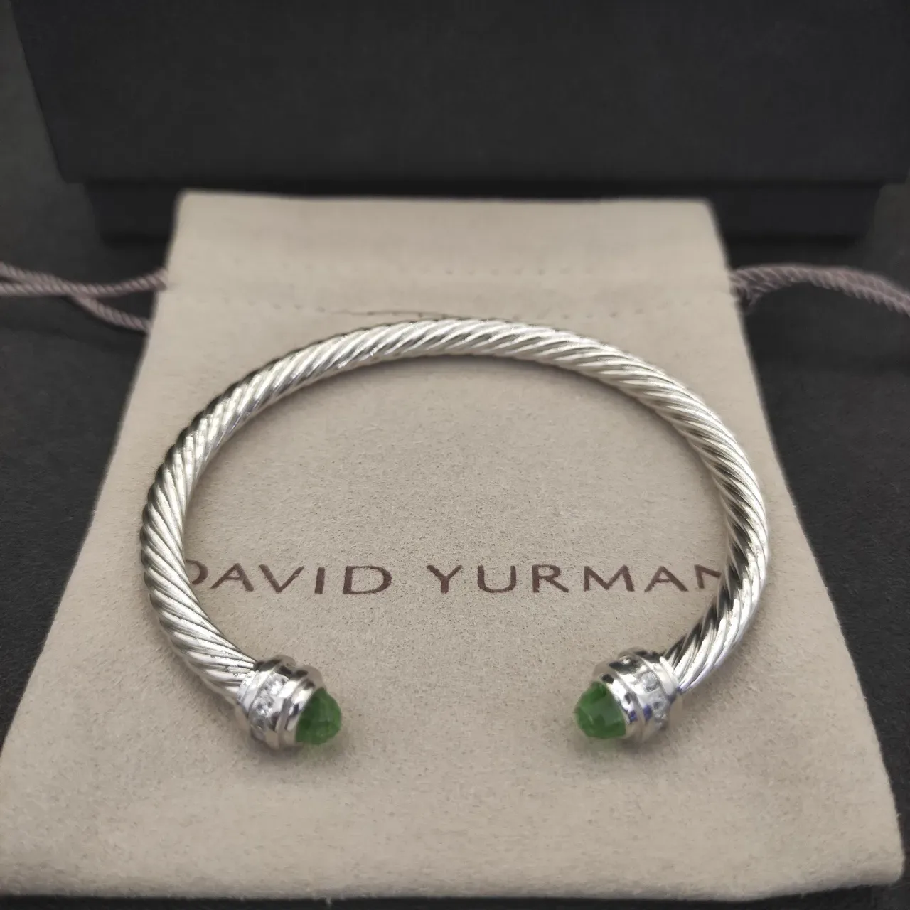 Silver Green Twisted Cable Faceted Gemstone Ends Bracelet 4