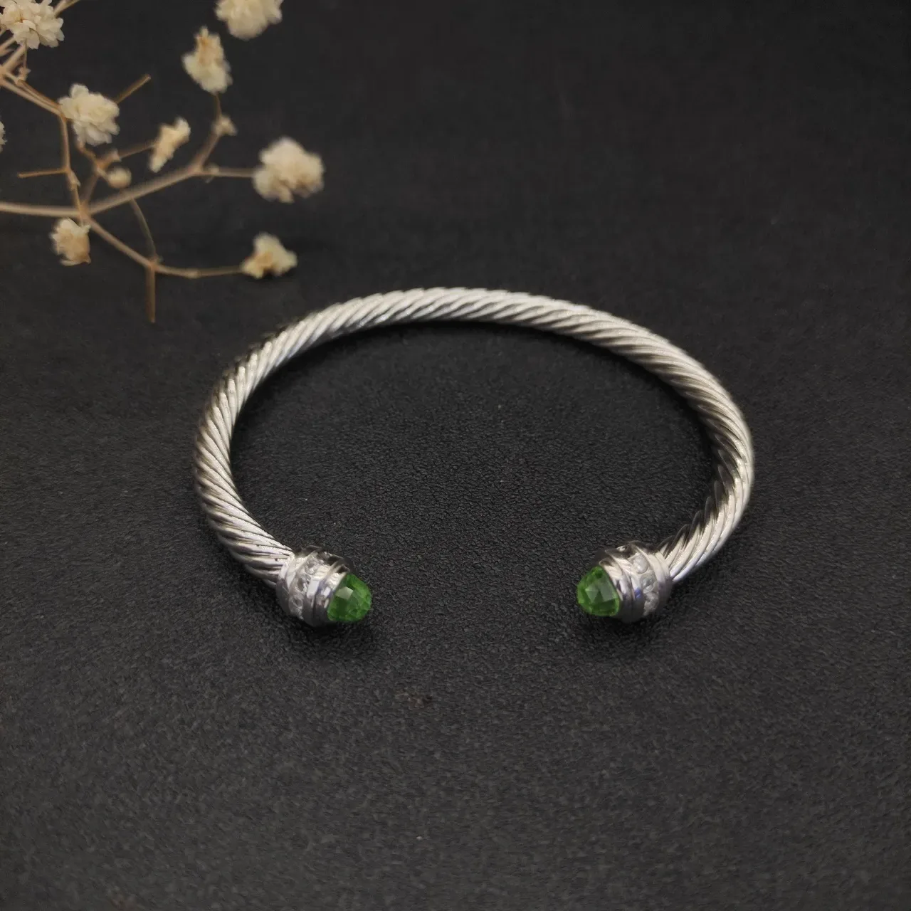 Silver Green Twisted Cable Faceted Gemstone Ends Bracelet 6