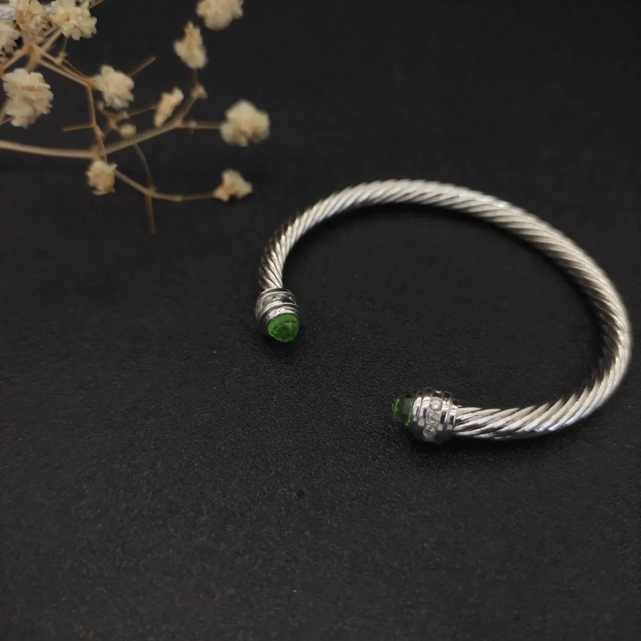Silver Green Twisted Cable Faceted Gemstone Ends Bracelet 7