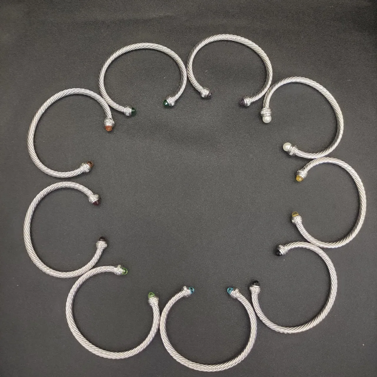 Silver Green Twisted Cable Faceted Gemstone Ends Bracelet 8