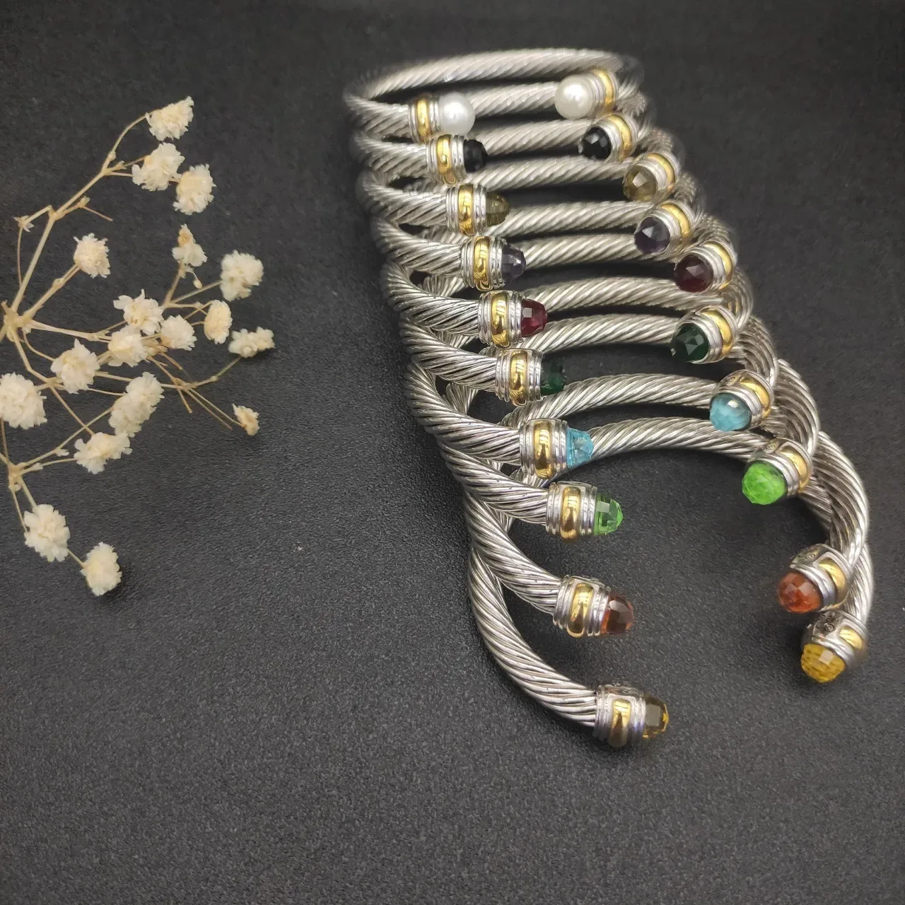 Silver Green Twisted Cable Faceted Stone Ends Bracelet 4