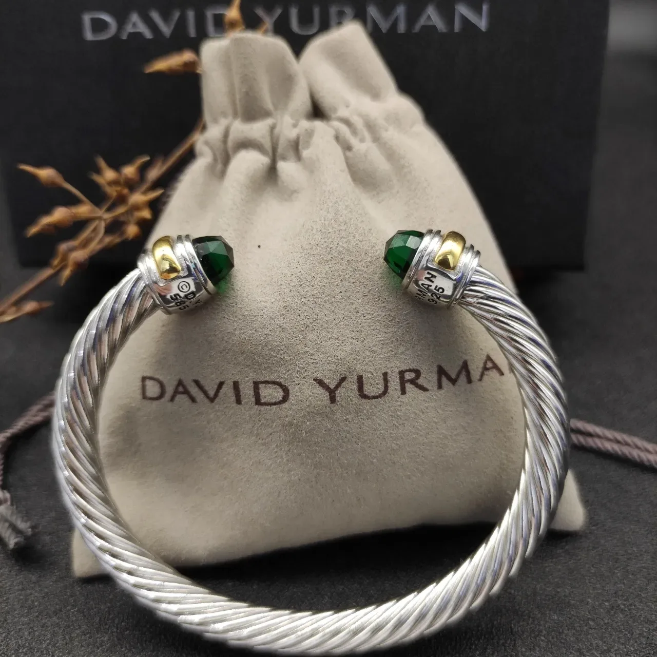 Silver Green Twisted Cable Faceted Stone Ends Bracelet 6