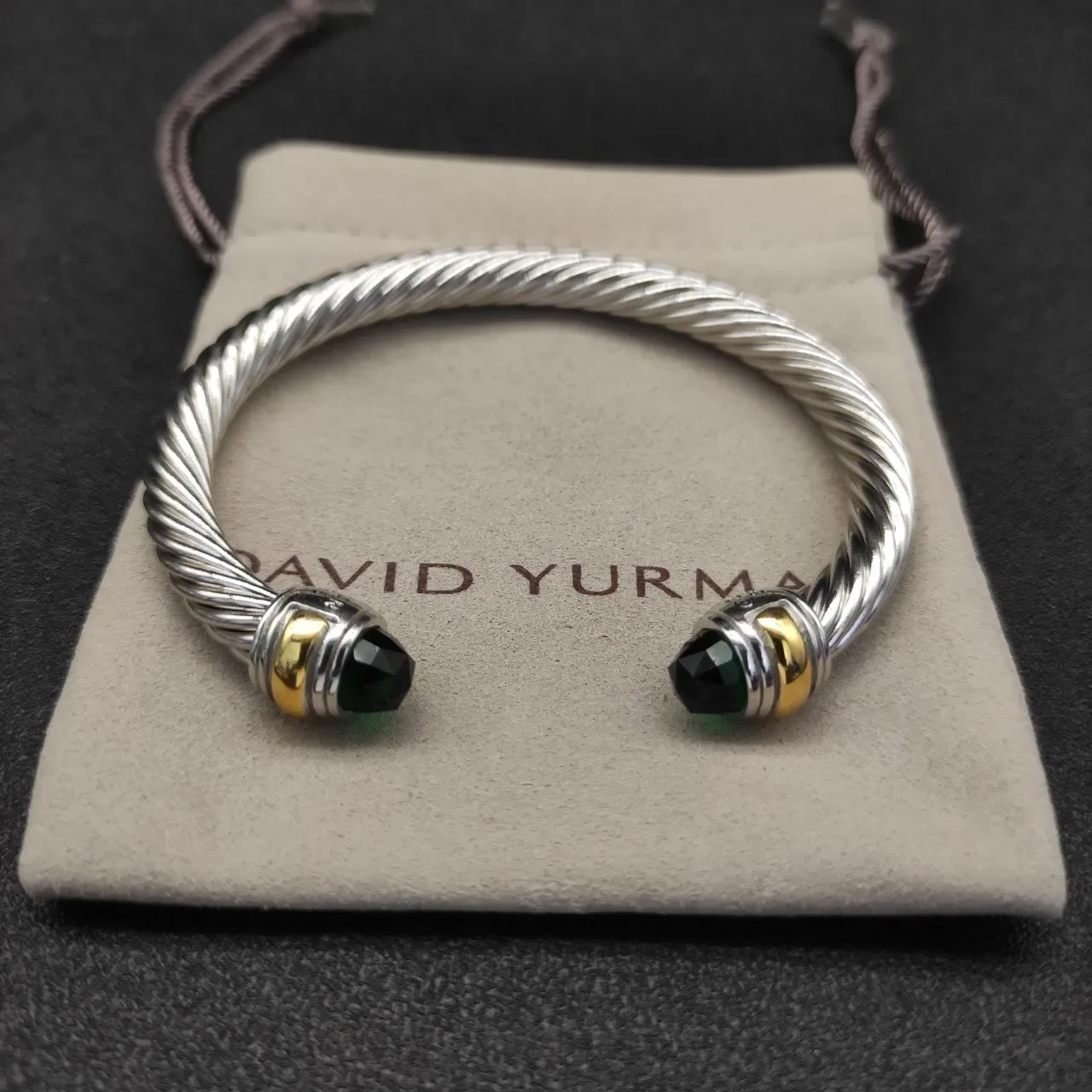 Silver Green Twisted Cable Faceted Stone Ends Bracelet 7