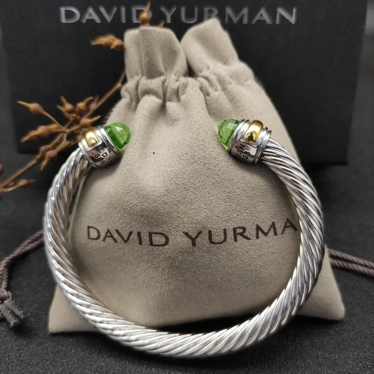 Silver Green Twisted Cable Faceted Stone Ends Bracelet 2