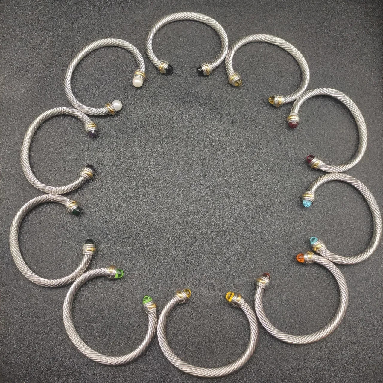 Silver Green Twisted Cable Faceted Stone Ends Bracelet 3