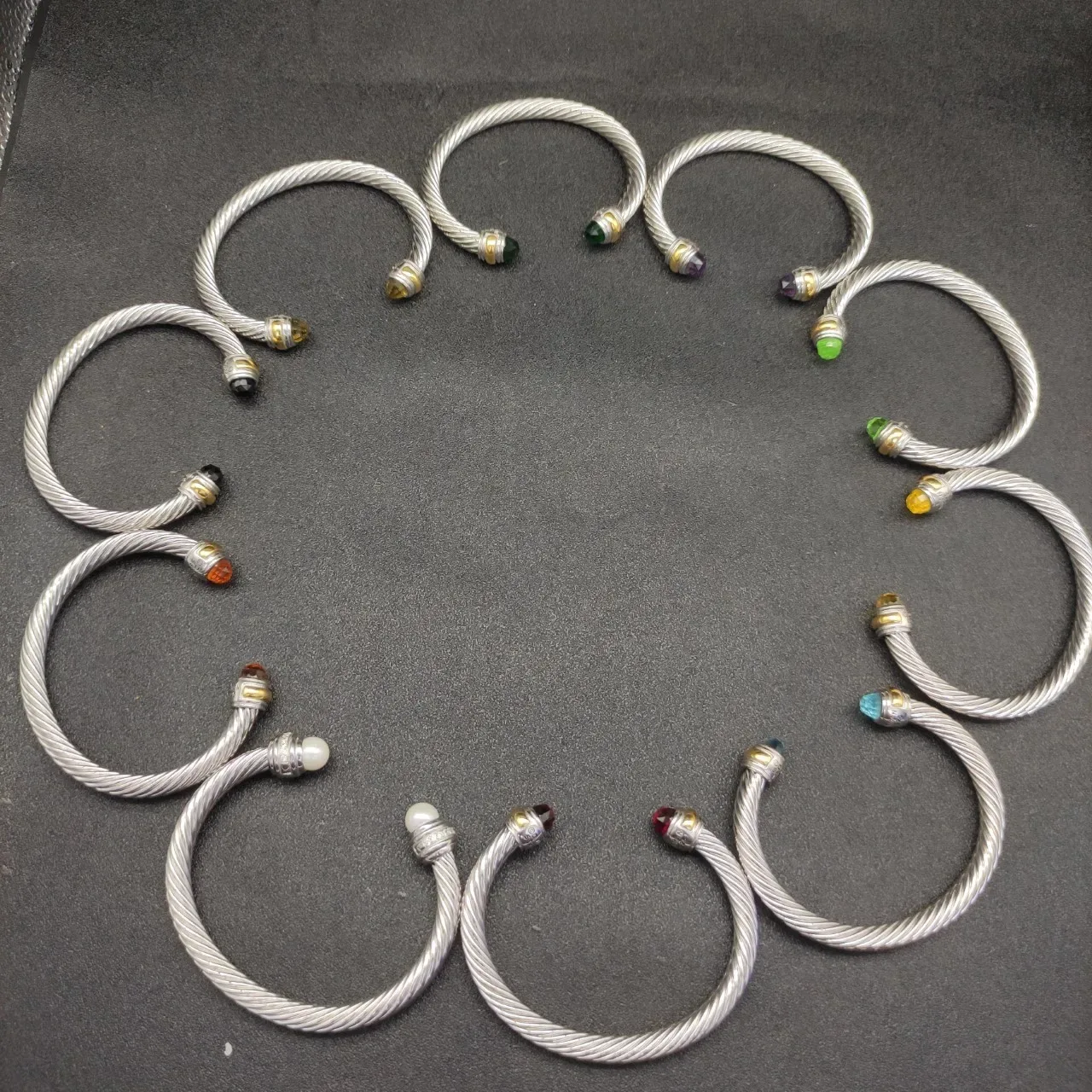Silver Green Twisted Cable Faceted Stone Ends Bracelet 5