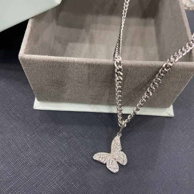 Silver Mixed-Link Chain Butterfly Pendant Necklace 2