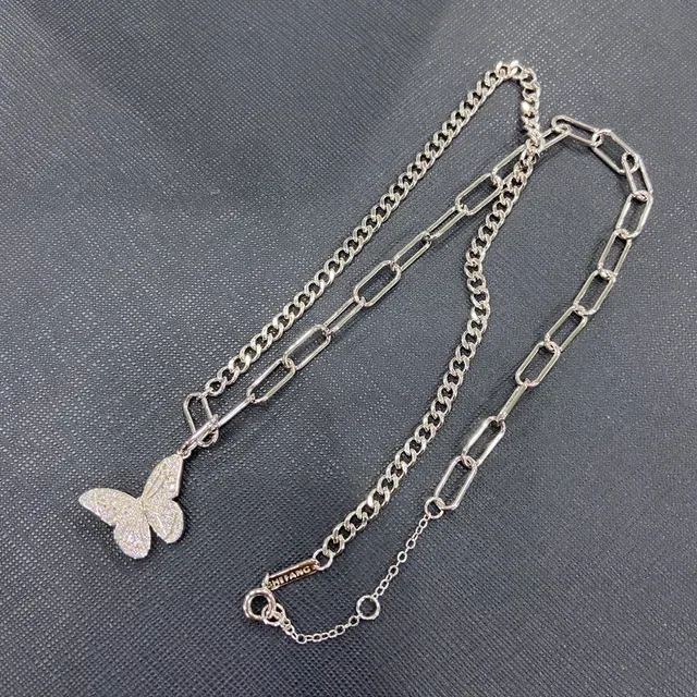 Silver Mixed-Link Chain Pavé-Set Butterfly Pendant Necklace 4