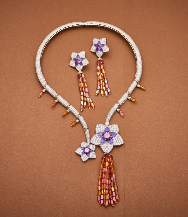 Silver Multicolor Floral Pendant Pavé-Set Diamonds/crystals Necklace 2
