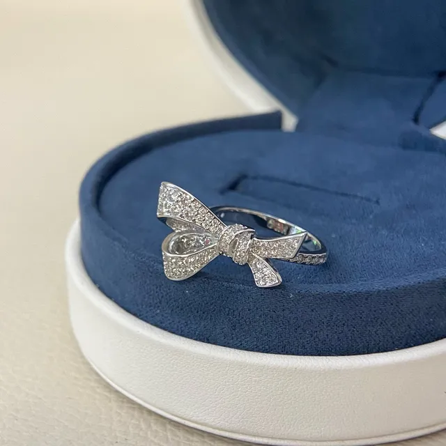 Silver Navy Bow Motif Pavé-Set Stones Ring 2