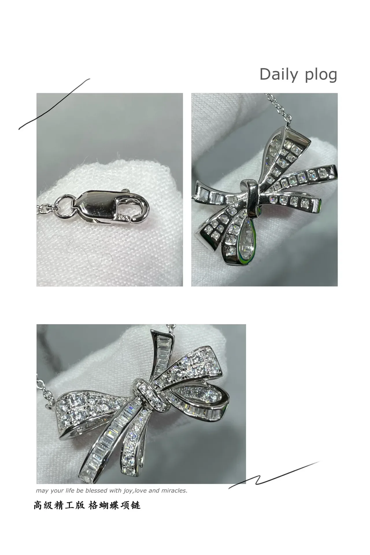 Silver Navy Bow Pendant Pavé-Set Stones Necklace 3