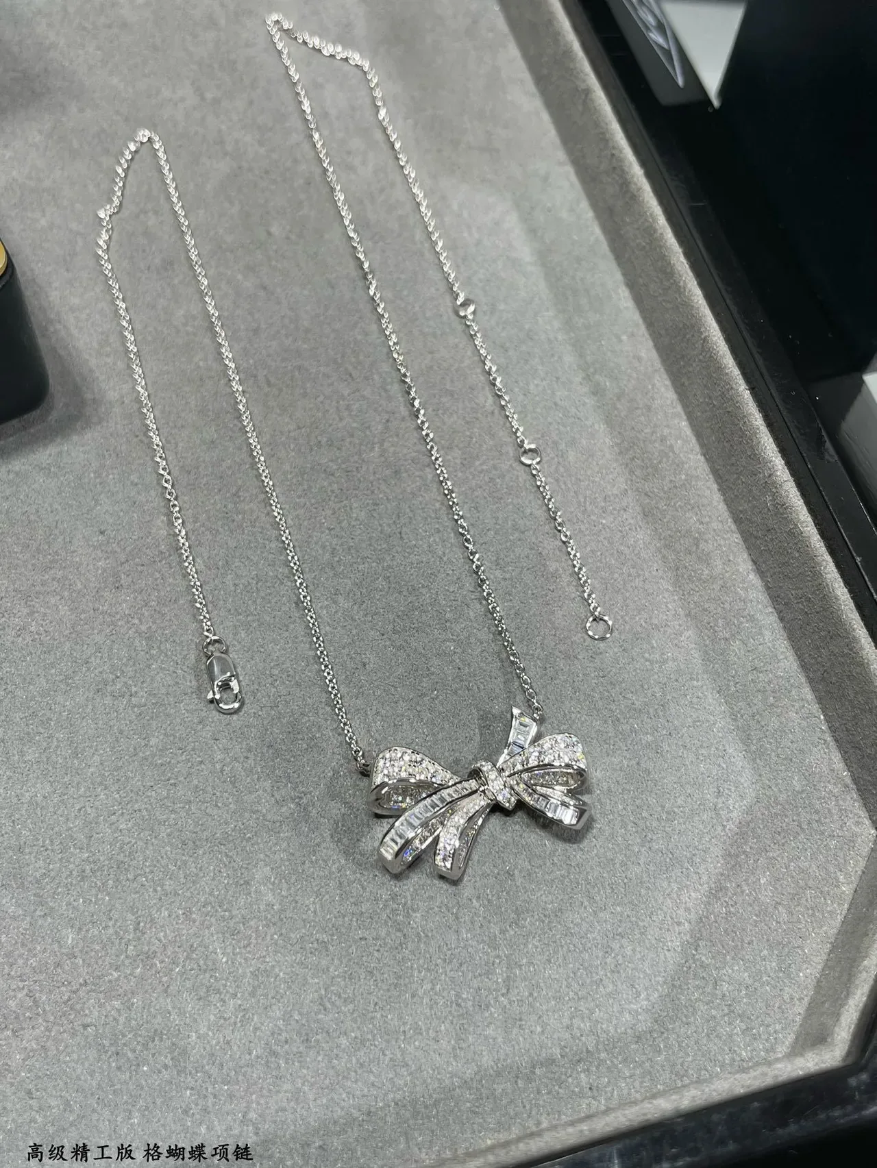 Silver Navy Bow Pendant Pavé-Set Stones Necklace 4