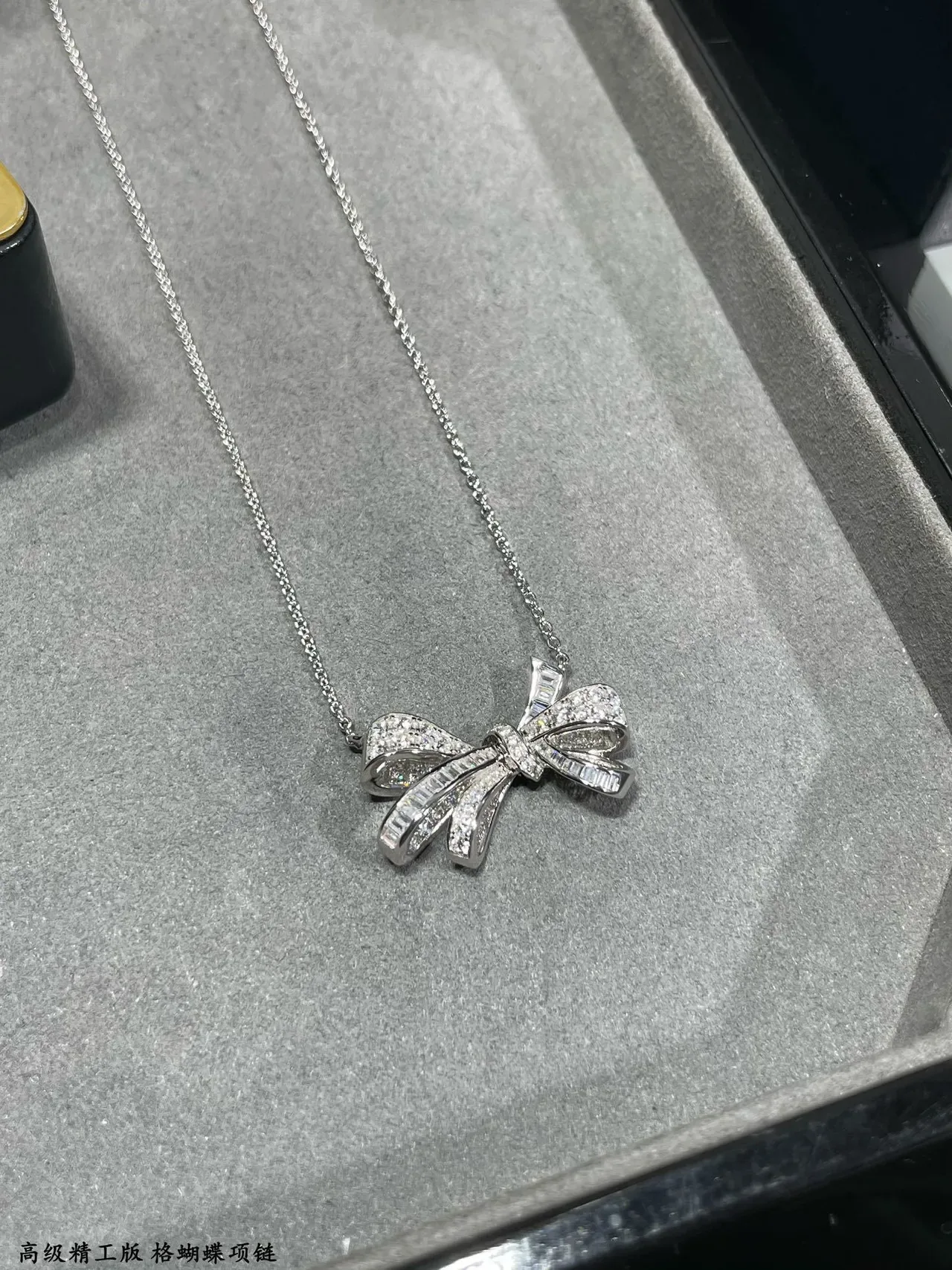 Silver Navy Bow Pendant Pavé-Set Stones Necklace 5