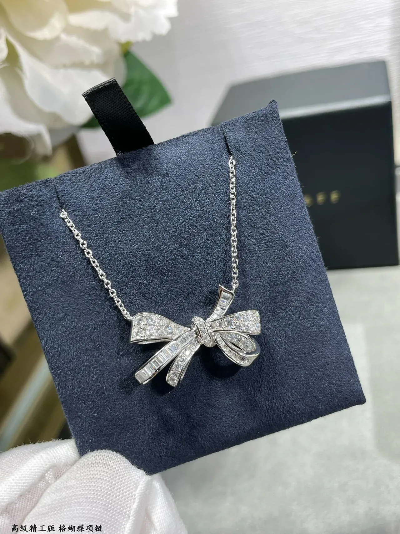 Silver Navy Bow Pendant Pavé-Set Stones Necklace 6