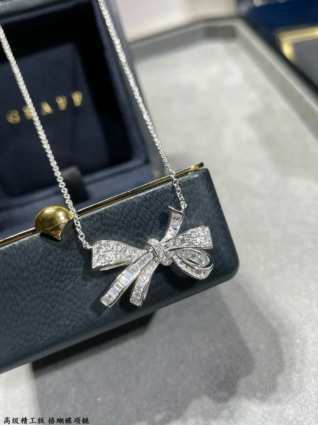 Silver Navy Bow Pendant Pavé-Set Stones Necklace 7