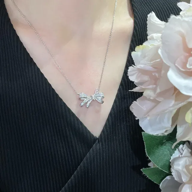 Silver Navy Bow Pendant Pavé-Set Stones Necklace 8