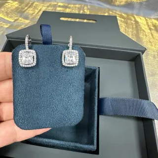 Silver Navy Square Cushion-Cut Center Stone Pavé Halo Setting Earrings