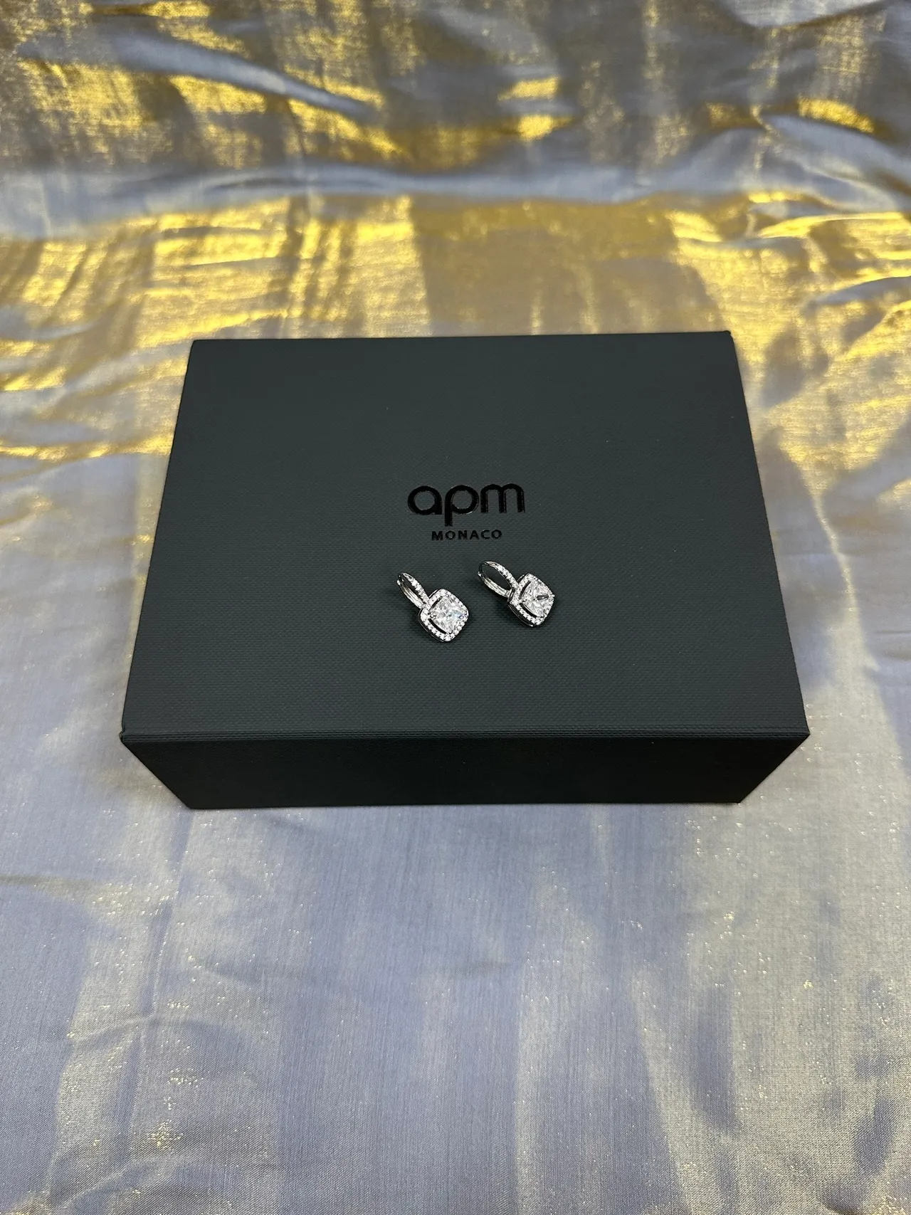 Silver Navy Square Cushion-Cut Center Stone Pavé Halo Setting Earrings 6