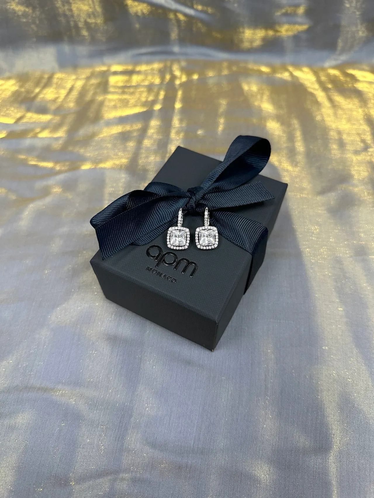 Silver Navy Square Cushion-Cut Center Stone Pavé Halo Setting Earrings 7