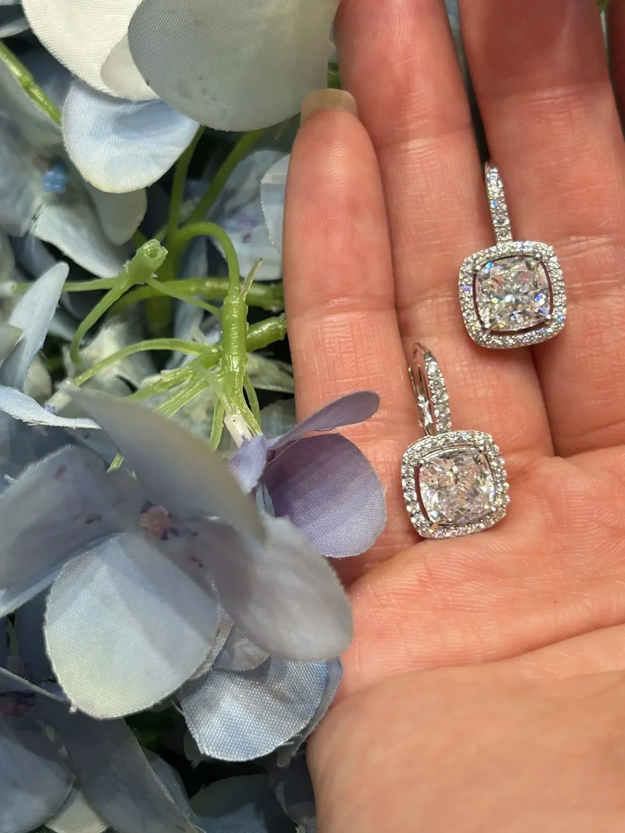 Silver Navy Square Cushion-Cut Center Stone Pavé Halo Setting Earrings 9