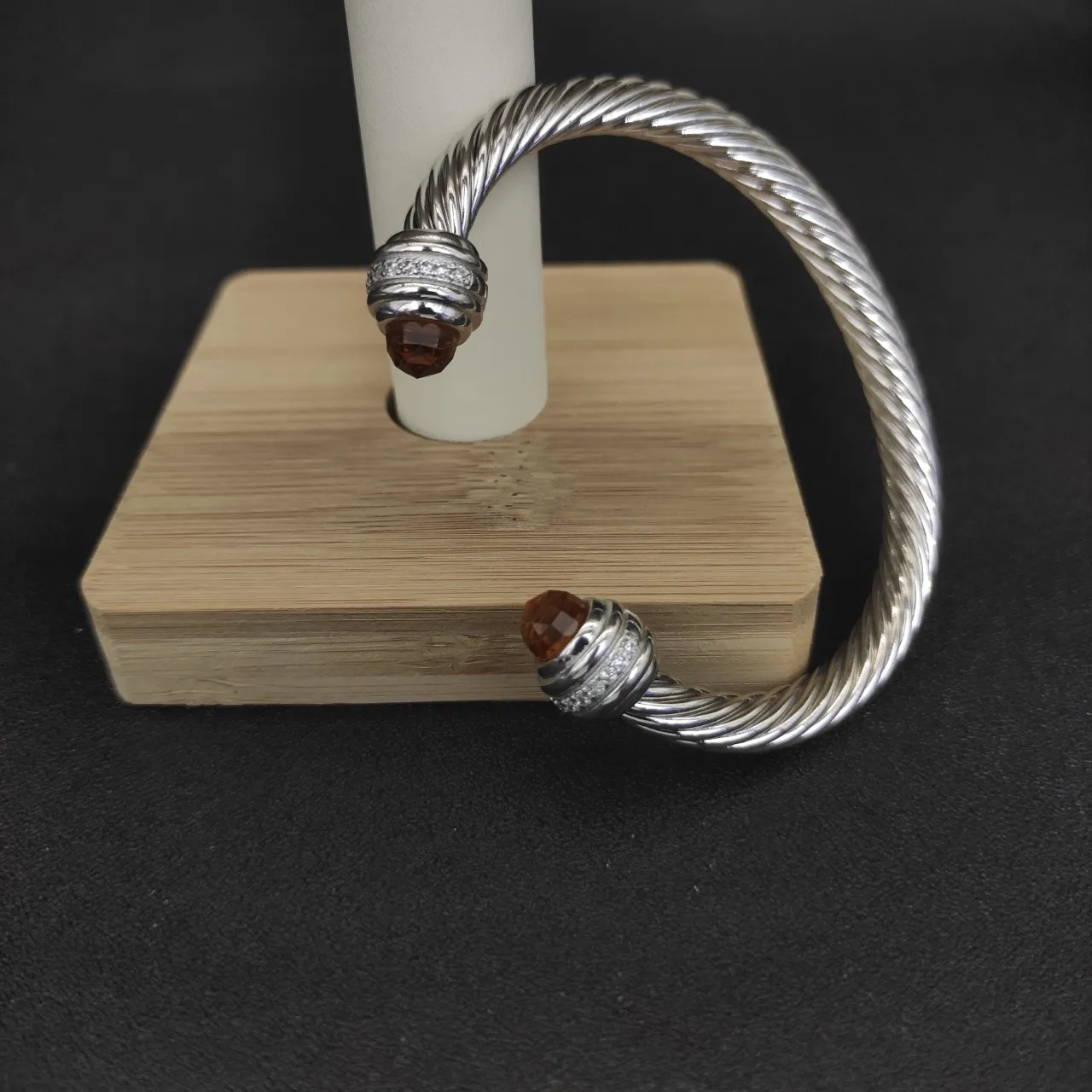 Silver Orange Twisted Cable Faceted Gemstone Terminals Bracelet 7