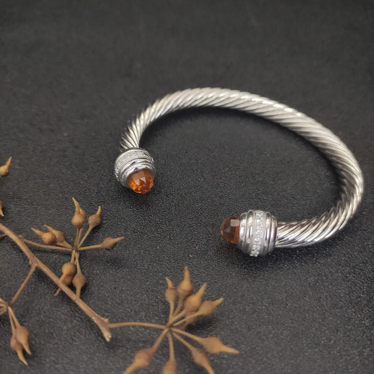 Silver Orange Twisted Cable Faceted Gemstone Terminals Bracelet 8
