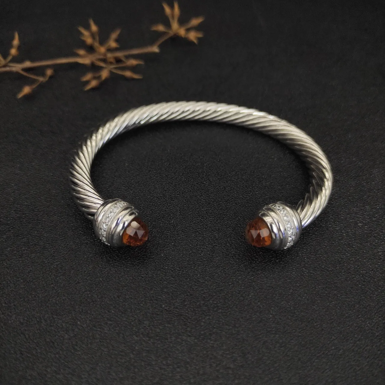 Silver Orange Twisted Cable Faceted Gemstone Terminals Bracelet 9