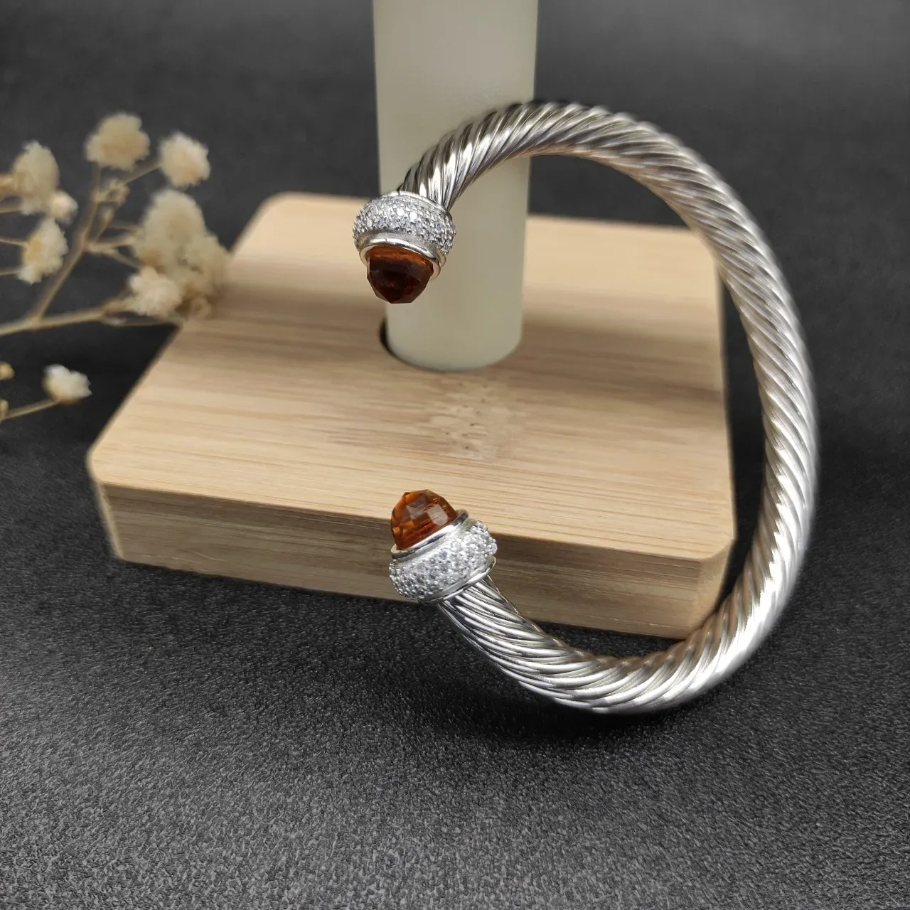 Silver Orange Twisted Cable Metal Faceted Amber Stone Terminals Bracelet 3