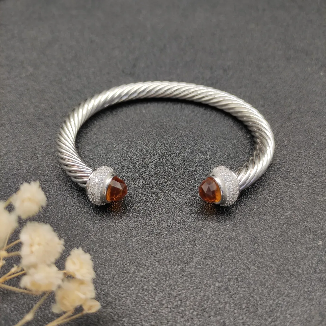 Silver Orange Twisted Cable Metal Faceted Amber Stone Terminals Bracelet 5