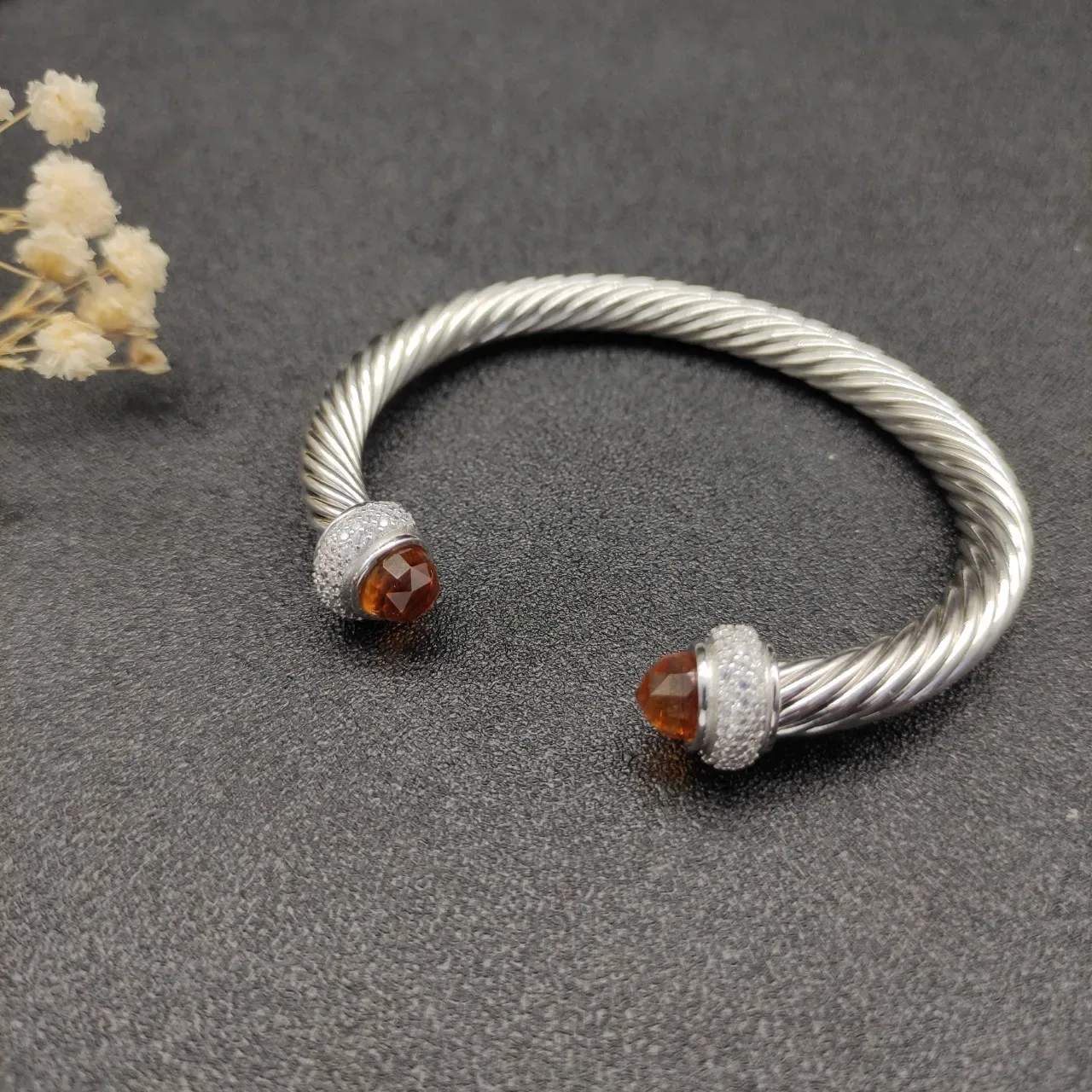 Silver Orange Twisted Cable Metal Faceted Amber Stone Terminals Bracelet 6