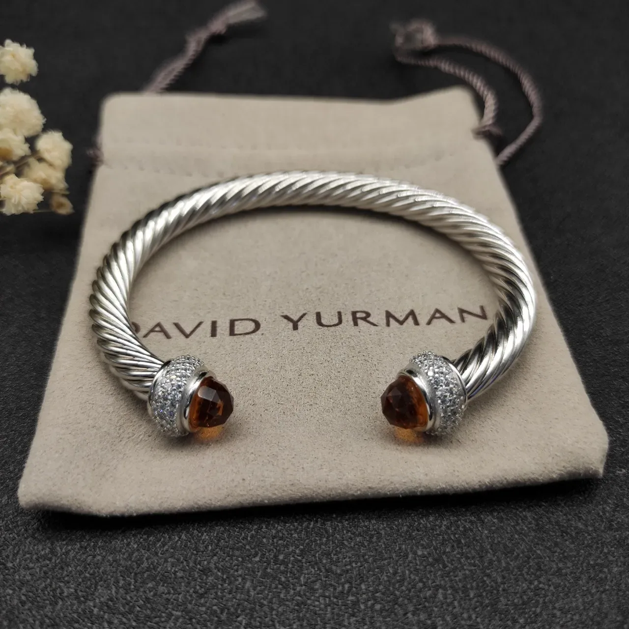 Silver Orange Twisted Cable Metal Faceted Amber Stone Terminals Bracelet 7