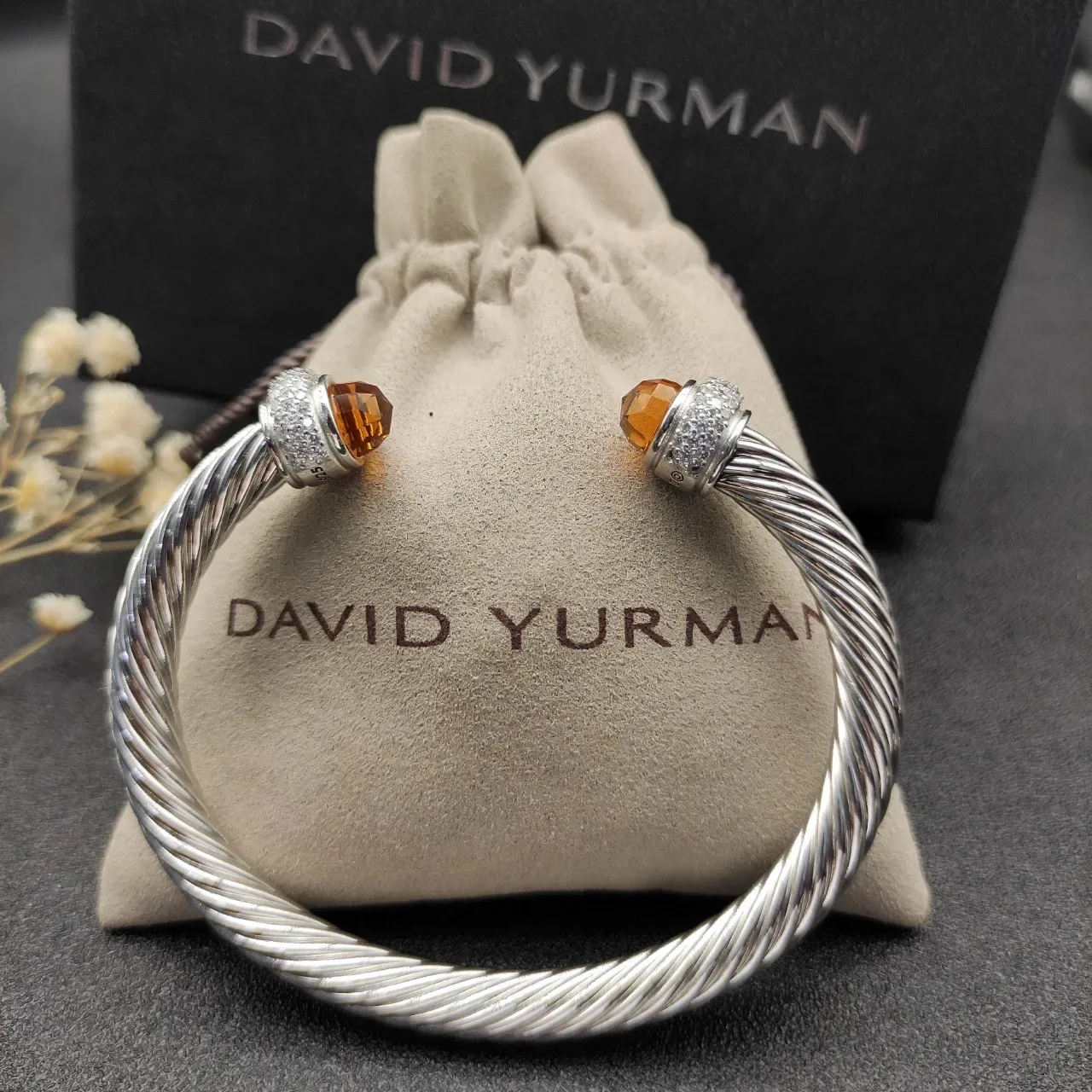 Silver Orange Twisted Cable Metal Faceted Amber Stone Terminals Bracelet 8