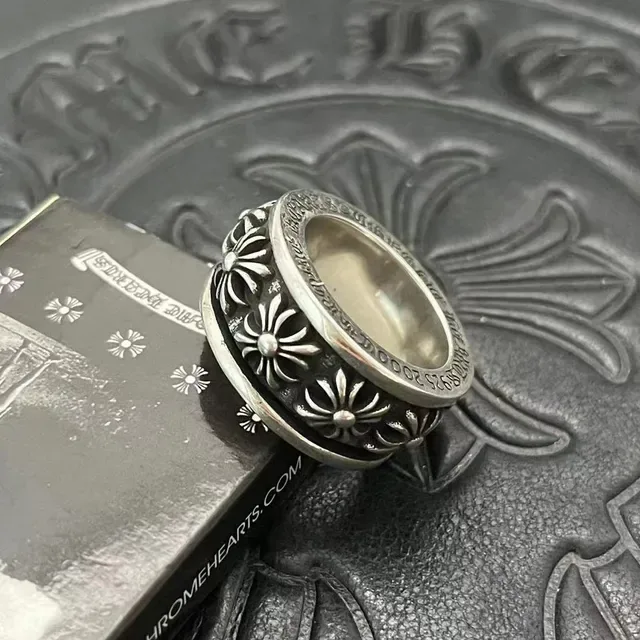 Silver Oxidized Floral Motif Engraved Ring 9