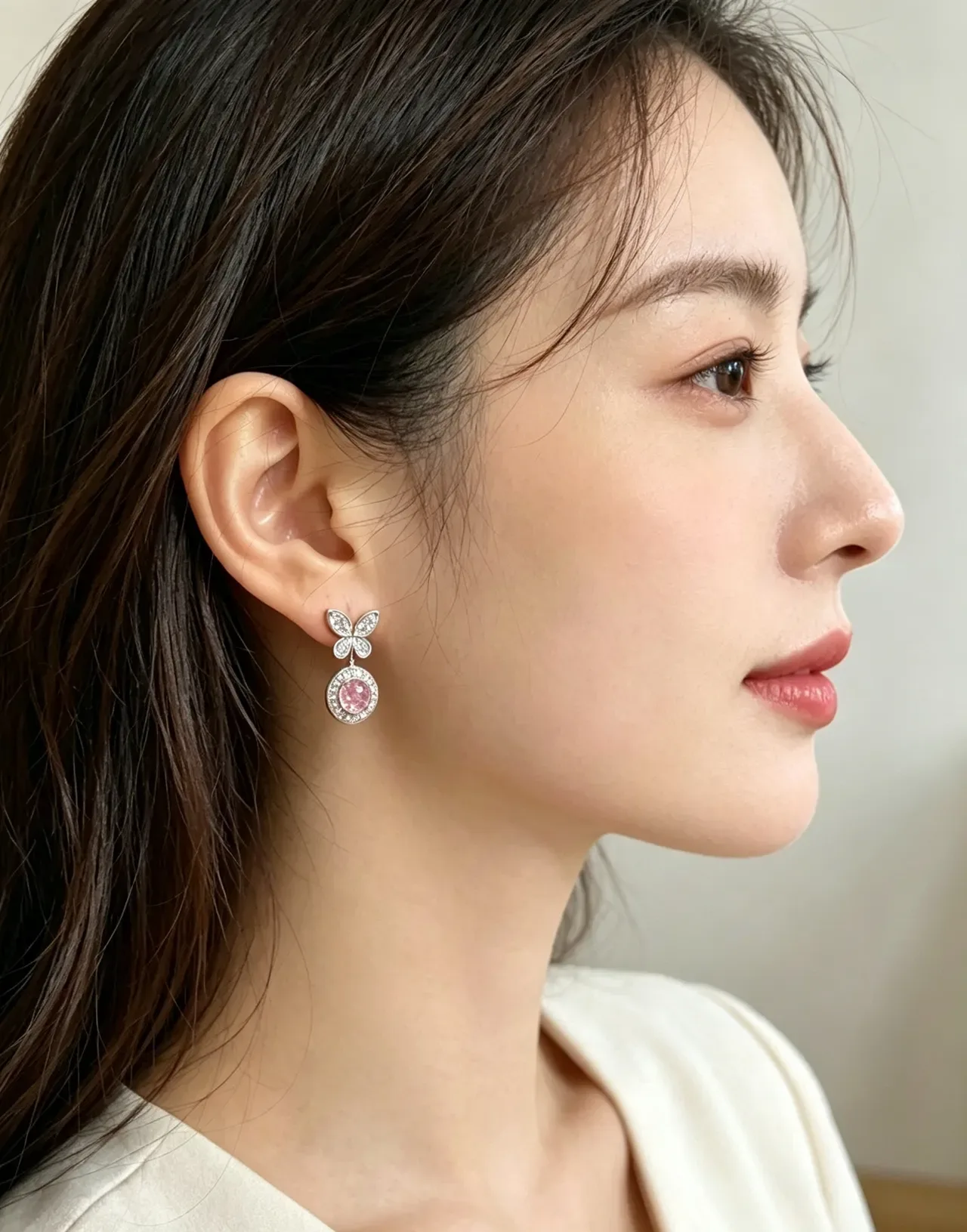 Silver Pink Butterfly-Top Halo-Set Earrings 2