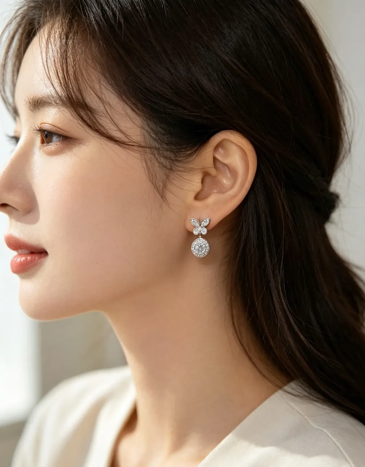 Silver Pink Butterfly-Top Halo-Set Earrings 3