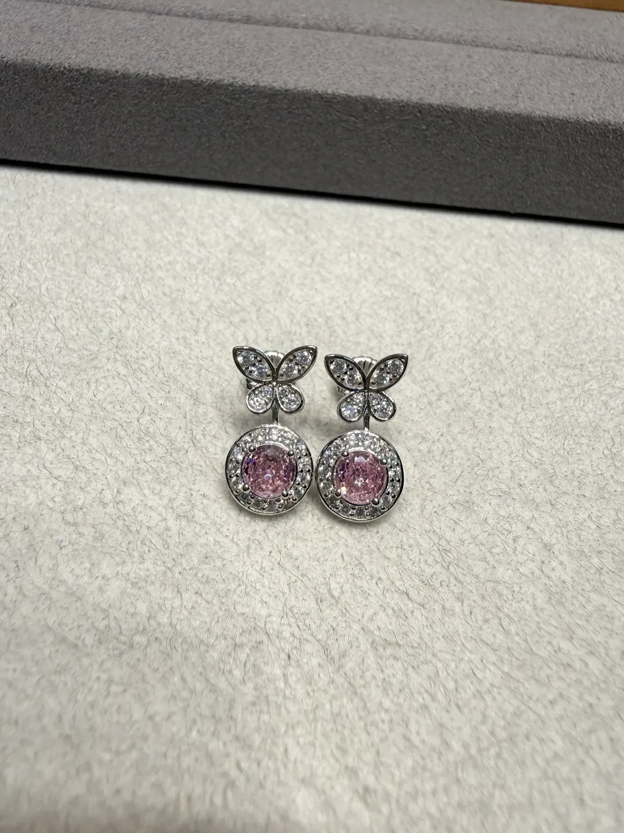 Silver Pink Butterfly-Top Halo-Set Earrings 4